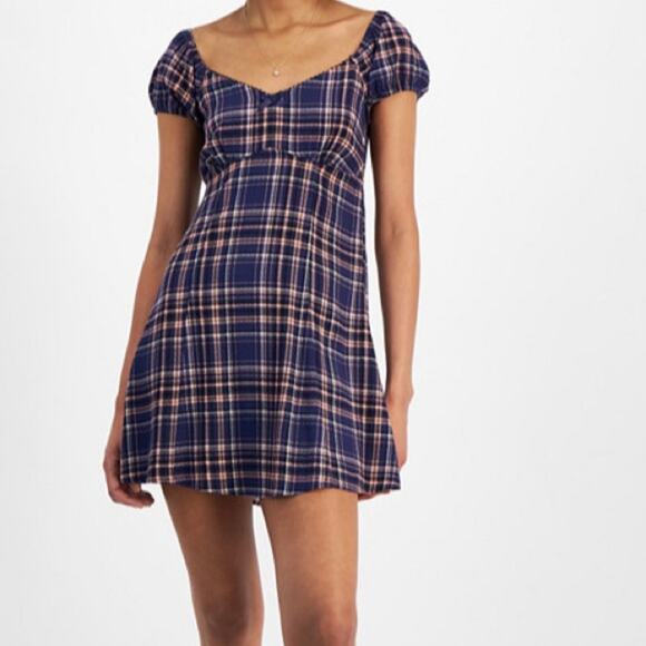 Self Esteem cobalt plaid Textured Smocked Back Empire Waist Dress - Picture 1 of 8